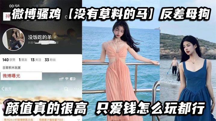 微博骚鸡【没有草料的马】反差母狗，颜值真的很高，只爱钱怎么玩都行，私下发自慰视频给金主爸爸看，真到骚到骨子里了